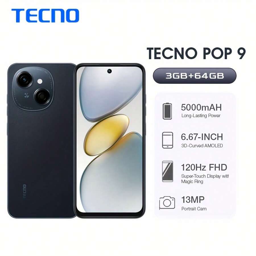 Tecno POP 9 3GB+64GB Android 14 8MP 前置摄像头/48MP 后置摄像头, 5000mAh, 全球版 无充电器 - 黑色 - 查看 1