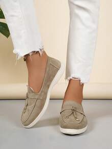 Women's Fashion Solid Color Round Toe Slip-On Loafers, Casual Outdoor Fringe Buckle Decor Soft Bottom Comfortable Ballet Flats - Khaki - View 5