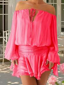 Women's Tube Top Mini Dress Fashionable Backless Strapless Long Sleeve Smocked Ruffled Dress - Hot Pink - View 4