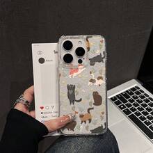 Floral & Cute Cat Pattern Phone Case, Compatible With Iphone 16 Pro Max, 15, 14 Plus, 13, 12, 11 Protective Cover - Transparent Frame Flash Point - View 4