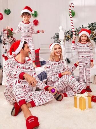 2pcs Christmas Reindeer Element Comfortable Casual Pajamas Set For Mother And Daughter, Ideal For Family Sleepwear And Gatherings