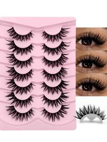 Rikuaild 7 Pairs Wet Look Manga Lash Wispy Curl Lashes Black Band Fake Lash Fairy Cat False Lashes Spiky Tips Dramatic Fake Eyelashes Strip Lashes, Lashes, Eyelashes, Fake Lashes - 漫畫款濕睫毛 - 查看 2