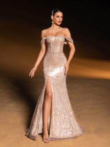 Faeriesty Vestido de noche elegante y glamoroso con un hombro, lentejuelas y abertura alta con bajo de sirena - Perfecto para galas, bodas, alfombra roja, banquetes formales y eventos de etiqueta negra para mujeres