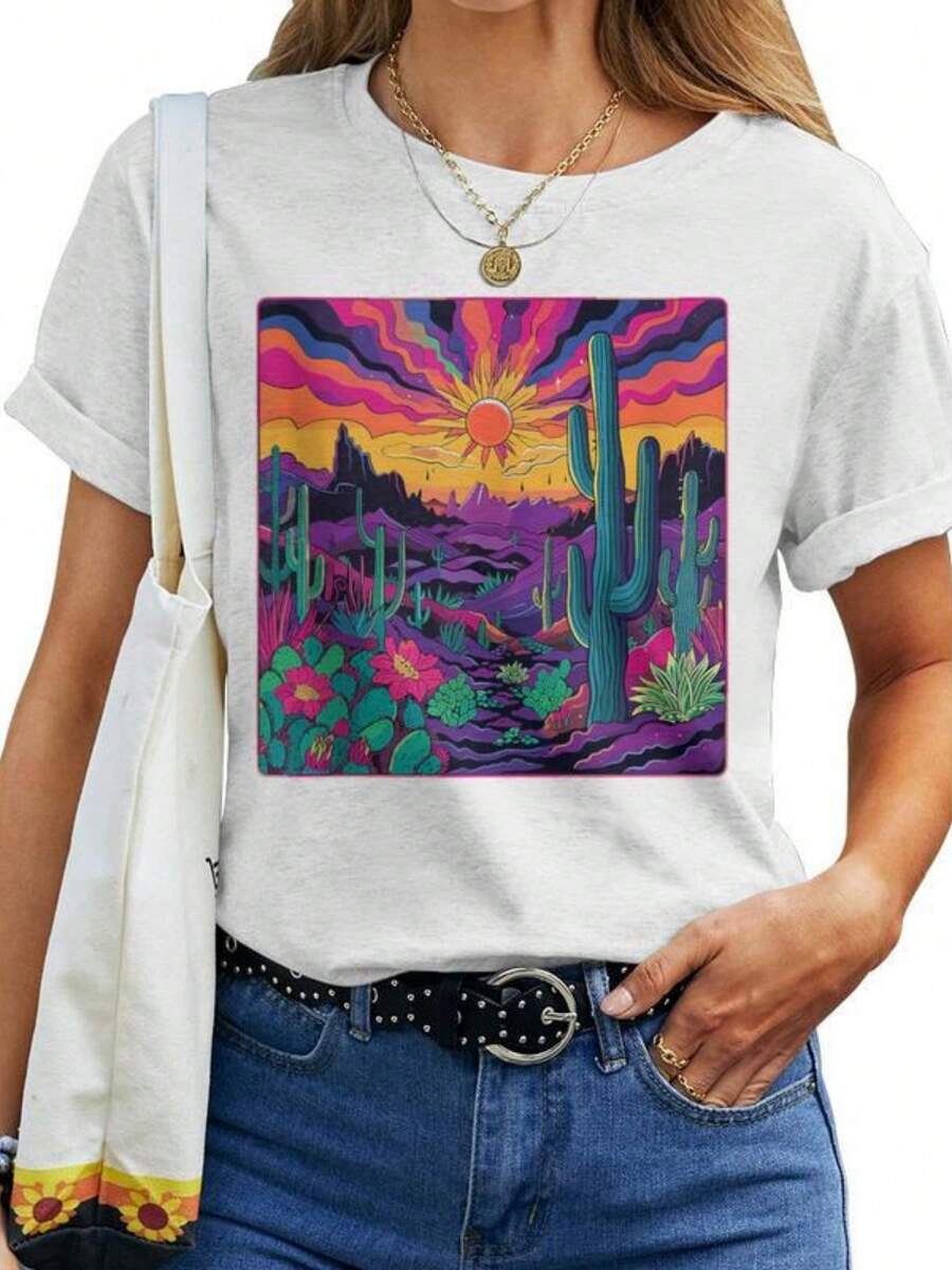 Desert Landscape Cactus Mountains Women T-Shirt - Black - View 1