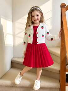 BASUSARRI 2pcs/Set Girls' Strawberry Decor Cardigan Dress With Button, Sleeveless Elegant Pleated Dress Suitable For Spring Autumn, Fashionable Casual Outfit For Birthday Party, Daily Wear