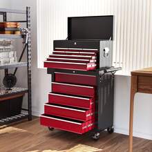 HOMCOM 2 In 1 Rolling Tool Cabinet On Wheels With 14 Drawers, Pegboard And Side Rack, Lockable Top Tool Chest And Roller Cabinet Combo For Workshop And Home, Red - 紅色 - 查看 8