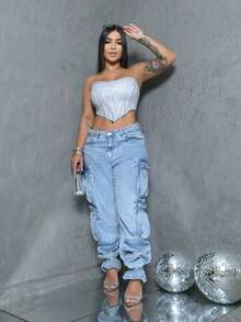 Cropped Corset With Ribs And Shiny Strapless | Ties At The Back Fashion 2025 Summer/Carnival/Party - Silver - View 3