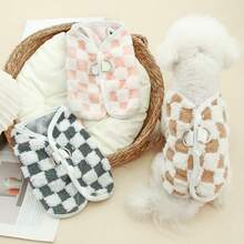 Checkerboard Button-Up Cardigan With Leash For Pets, Warm Lined For Autumn/Winter