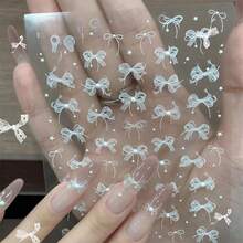 3D Embossed Lace Bow Nail Art Stickers - Shiny White Butterfly Decals For DIY Manicures, Self-Adhesive & Disposable, Elegant Star And Design, Perfect For Long Oval Nails, Nail Charms - Nhiều màu - Xem 2