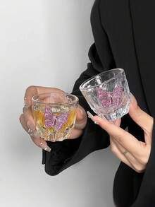 1pc/2pcs Japanese Style Glass Teaware, Wabi-Sabi Kung Fu Tea Cups, Pink Butterfly Small Tea Cups, Glacier Cups, Home & Dining Decor, Elegant Luxury Single Sip Glasses - Transparent - View 3