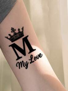 1张皇冠字母M和“My Love”文字纹身贴纸，简约黑灰爱情主题临时手腕纹身，防水防汗，可持续1-3天，适合情人节，素描风格 - 黑色 - 查看 5