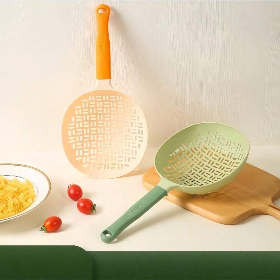 1 pieza Colador de silicona talla grande vendido con cuchara de mango largo de nailon, escurridor de una sola pieza resistente al calor para uso en la cocina, adecuado para fideos, empanadillas, wontons