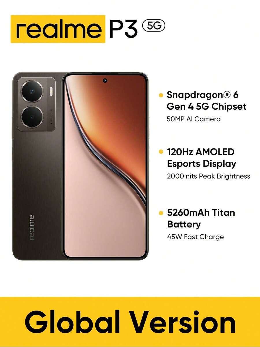Realme P3 5G 8GB+256GB / 12GB+512GB 5G LTE，全球版，解锁手机，安卓 15 游戏智能手机，6.67 英寸 FHD 120Hz 显示屏，5260mAh 电池，5000 万像素摄像头，7.97 毫米薄，无适配器