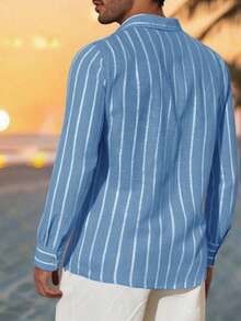 Men's Casual Striped Print Button-Down Long Sleeve Shirt, Autumn/Winter