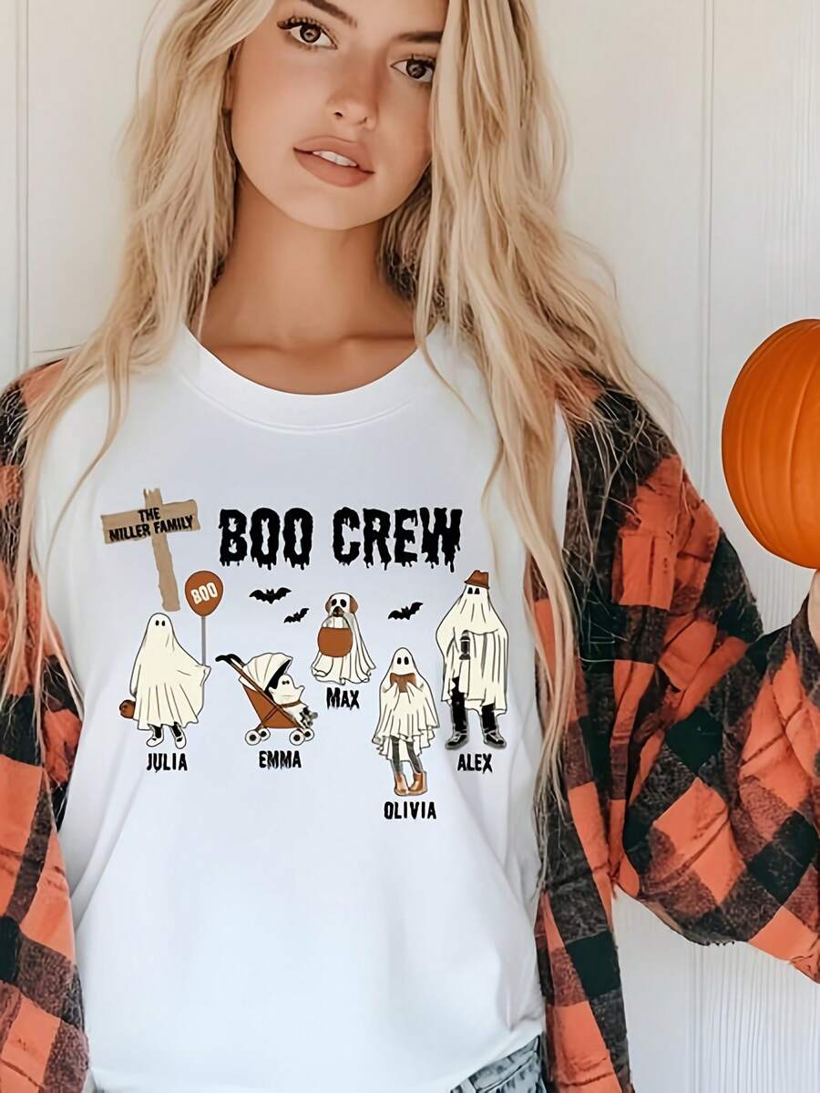 Custom Halloween Ghost Family Shirt, Boo Crew Shirt, Pernalized Halloween Family Name Shirt, Halloween Gifts, Halloween Matching Costumes220G Heavyweight Cotton Women's Top – Crafted From Premium Thick Cotton With A Soft Yet Durable Feel, Delivering Breathable Comfort From Morning To Night. Perfect For Everyday Wear, Travel, Casual Outings, Sports, Or Layering During Cooler Days. A Versatile And Fashionable Choice For Street Style, Relaxing At Home, Or Staying Active Outdoors. - 白9 - 查看 1