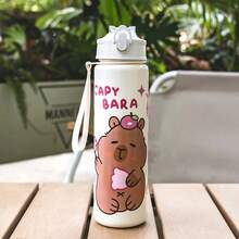 1pc Cute Water Bottle With Water Vole/Capybara Theme Print, 23oz Plastic Sports Water Bottle With Lid, Straw And Lanyard, Portable For Outdoor Sports, Hiking, Travel, Camping, Holiday & Halloween Gifts
