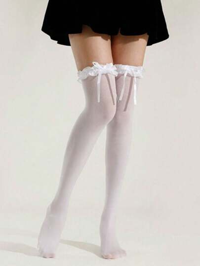 1 Pair Women's White Bow Lace Trim Cute Thigh High Socks, Lolita Style Over-The-Knee Lace Socks, Versatile For Daily Wear, All Seasons