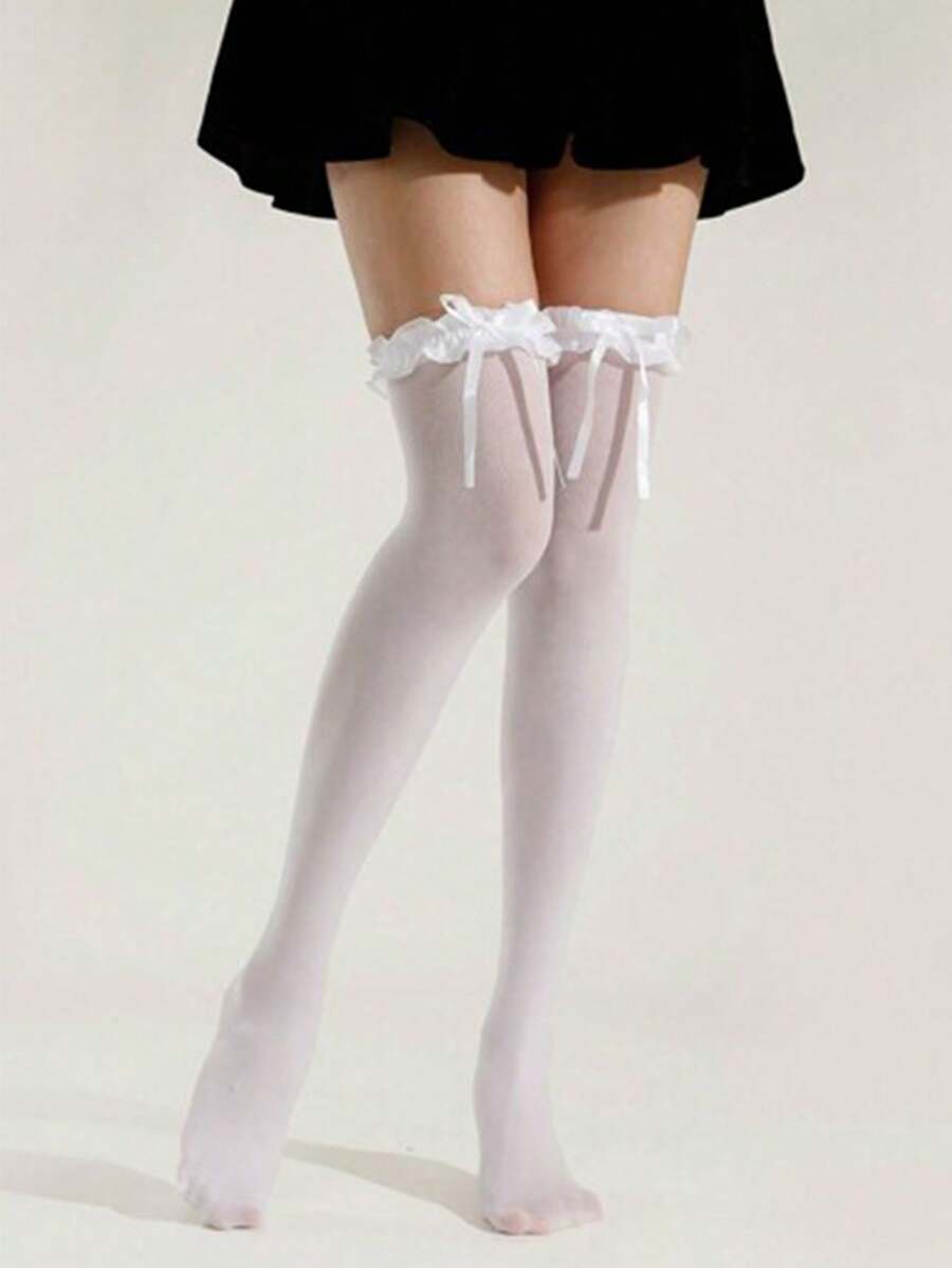 1 Pair Women's White Bow Lace Trim Cute Thigh High Socks, Lolita Style Over-The-Knee Lace Socks, Versatile For Daily Wear, All Seasons - White - View 1