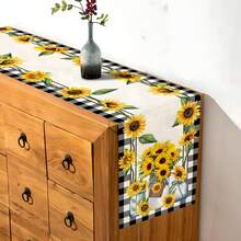 1 Piece Vibrant Sunflower Table Runner - With Black And White Checkered Edges, Made Of Polyester Fabric. Suitable For Daily Family Gatherings, Living Room And Dining Room Decoration. It Has A Rectangular Shape, Perfect For Thanksgiving Or Seasonal Celebrations. A Great Decor Item For Kitchen & Dining Room.