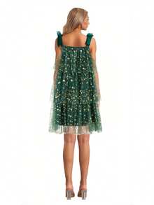 Women's Christmas Sleeveless Dress Tie Shoulder Strap Star Print Tiered Cake A-Line Tulle Dress - Green - View 9