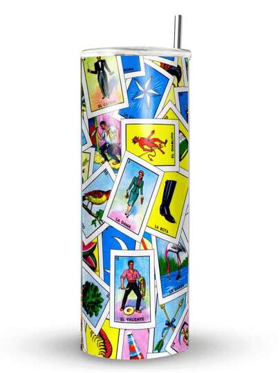 Termo Skinny De Acero Con Popote 600ml Lotería Mod.g94