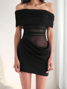 Un hombro vestido de malla de color sólido, ver a través, asimétrica, vestido plisado para la fecha de desgaste de la manera del partido, de moda - Negro - Ver 5