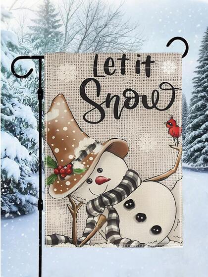 1pc "Cheerful" Charming Snowman Winter Garden Flag, Rustic Style Linen Double-Sided Welcome Christmas Decoration Banner Flag, Merry Christmas Suitable For Winter Party Farmhouse Holiday Decor Yard Lawn Outdoor Decor No Flagpole