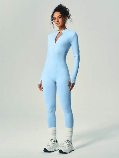 UONNOU 1 Piece Jumpsuit One-Piece Sportswear Peach Hip Lift Waist Control Abdomen Slim Leg Full Body Shaping Zipper Half-Opening Long Sleeve Thumb Hole Design Small Stand-Up Collar Suitable For Sports Skiing Cycling Gym Yoga Ball Sports Exercise Indoor And Outdoor Daily Leisure Seamless Ribbed Knitted Fabric Sportswear Autumn And Winter Style