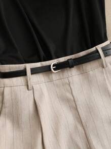 休闲条纹宽松阔腿短裤，宽松条纹卡其色百慕大阔腿裤，女士秋装，返校服，女士商务通勤