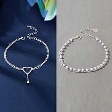2 Pcs Beach Party Wedding Foot Jewelry Rhinestone And Imitation Pearl Decor Double Layer Chain Anklets Set