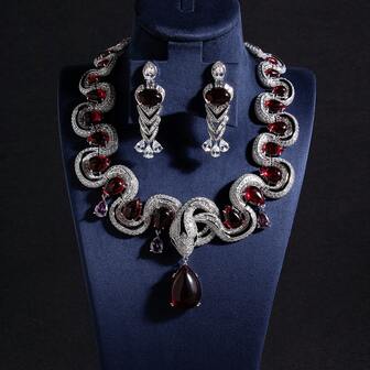 三件套，红银配色，高品质，时尚/复古/奢华风格，女士珠宝，首饰配件，女士项链，镶嵌立方氧化锆，蛇形设计，女士耳环，项链套装，首饰套装，适合女性/新娘/伴娘/节日、派对、婚礼、宴会等场合，时尚首饰套装，节日礼物