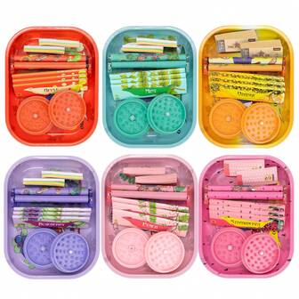 7 英寸 X 5.5 英寸金属卷烟托盘套装，包含 3 包 110 毫米超薄卷烟纸（燃烧均匀）、卷烟器、2 个烟嘴小册子和塑料研磨器 - 送给吸烟者的理想礼物