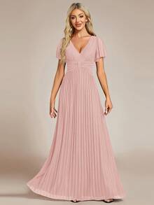 Elegant Solid Deep V-Neck Pleated Hem Maxi Sexy Evening Gown Wedding Guest Dresses - Pink - View 1