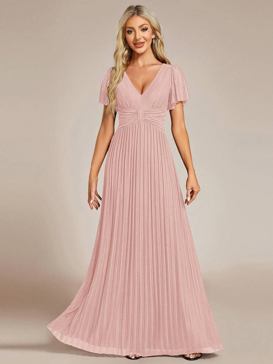 Elegant Solid Deep V-Neck Pleated Hem Maxi Sexy Evening Gown Wedding Guest Dresses - Pink - View 1