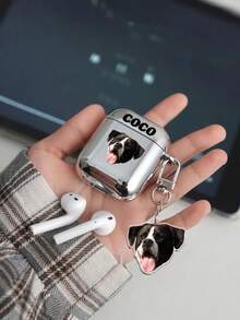 1 Customized Earphone Case + 1 Customized Keychain, Personalized With Portrait And Name, Fashionable TPU Soft Earphone Case, Unisex Cute Text Design, DIY Anniversary Gift, Compatible With Apple Earphone 1/2/3/4/Pro/Pro2, Fashionable, Colorful, Minimalist, Kawaii, Customized, Personalized, Unique,2025phonecase - Silver - View 2