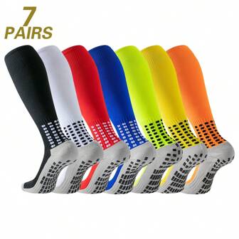 1 Pair/7 Pairs Knee High Non-Slip Soccer Socks With Rubber Dots, Professional Training Match Thick Terry Cushion Basketball Sports Socks For Men And Women, Fall