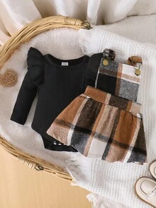 2pcs Baby Girls Casual Long Sleeve Romper + Plaid Suspender Skirt Set, Spring/Autumn - Black - View 3