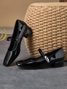 女士 3 厘米布面高跟时尚百搭白色玛丽珍鞋，适合所有季节 - 黑色 - 查看 5