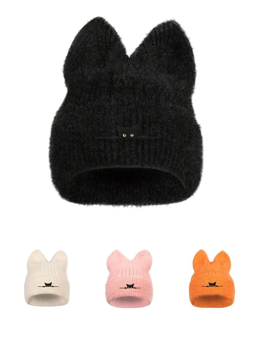 新款针织猫耳刺绣无檐帽，可爱温暖的滑雪帽，适合秋冬女士 - A - 查看 1