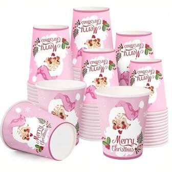 10/20/40 件 9 盎司粉色圣诞纸杯 - 粉色圣诞老人一次性饮料杯粉色圣诞派对装饰品节日派对餐具用品圣诞快乐派对餐具装饰品冬季派对装饰品