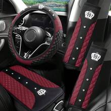 4 Stücke Krone Künstlicher Diamant Glitzer Mode PU Leder Rutschfeste Ohne Innenring Lenkradabdeckung Set Passend für 37-38CM Lenkrad Auto Zubehör