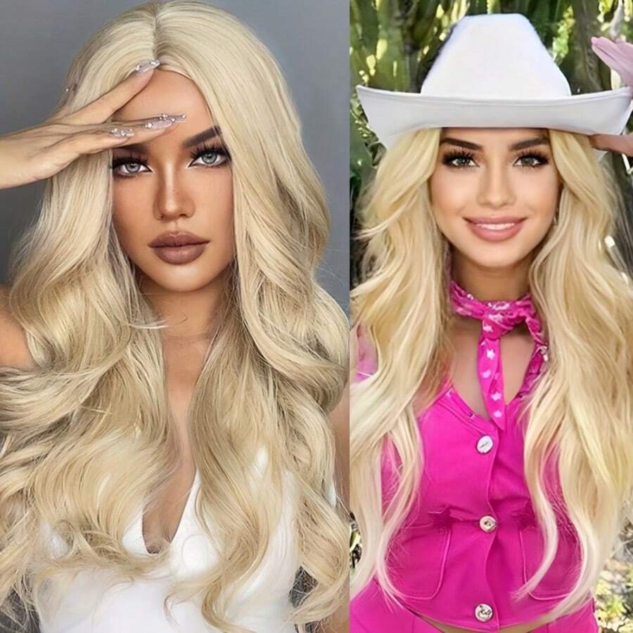 28 Inch Golden Center-Parted Big Wave Fiber High Temperature Synthetic Wig, Natural Smooth Style Versatile, Suitable For Daily, Cosplay, Party, Women Fashion Fluffy High Temperature Silk Wig - Gold - View 1