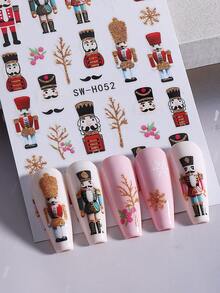 2 件节日胡桃夹子指甲贴纸雪花树闪光金骑士图案 3D 闪亮指甲贴花 DIY 自粘装饰节日美甲适合冬季新年