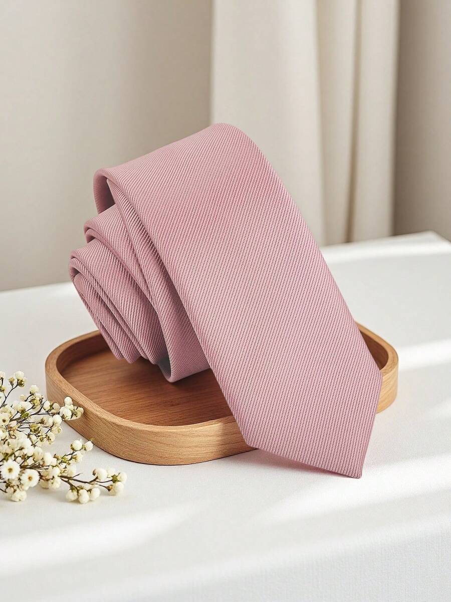 1pc Men Solid Light Pink Thin Stripe Textured Casual Necktie, Suitable For School, Suit, Commute, Daily WearMen Necktie - Dusty Pink - View 1