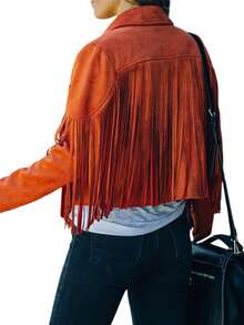 Women Summer Solid Color Collared Jacket With Tassels Long Sleeve Open Front Coat Streetwear - Rust Brown - View 2