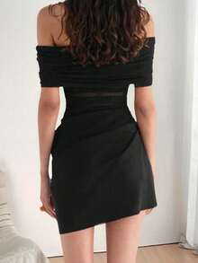 Un hombro vestido de malla de color sólido, ver a través, asimétrica, vestido plisado para la fecha de desgaste de la manera del partido, de moda - Negro - Ver 3