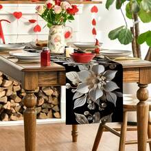 Elegant White & Golden Floral Table Runner - Durable Polyester, Rectangular Ideal For Holiday Dining & Outdoor Parties