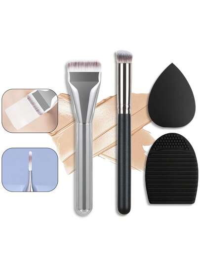 4件套多功能化妆刷套装 - 平头粉底刷 + 遮瑕刷 + 刷子清洁器 + 化妆海绵，旅行必备化妆工具，化妆刷套装，化妆刷套装，化妆刷套装，全套化妆工具，化妆刷套装，全套化妆工具，化妆刷套装，化妆刷套装，化妆礼盒套装