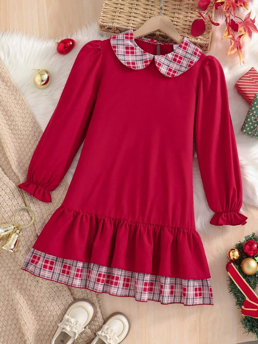 1 pieza Vestido de Navidad a cuadros de manga larga con cuello Peter Pan, estilo dulce y lindo para niñas, con volantes en el bajo, de corte holgado y casual