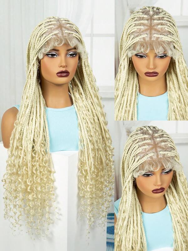 A ANYTIME 38Inch Box Braided Wigs Lace Front Knotless Box Braids Lace Frontal Wig, Full Double Lace Box Braid Wig Curly Hair Synthetic Hair Wigs